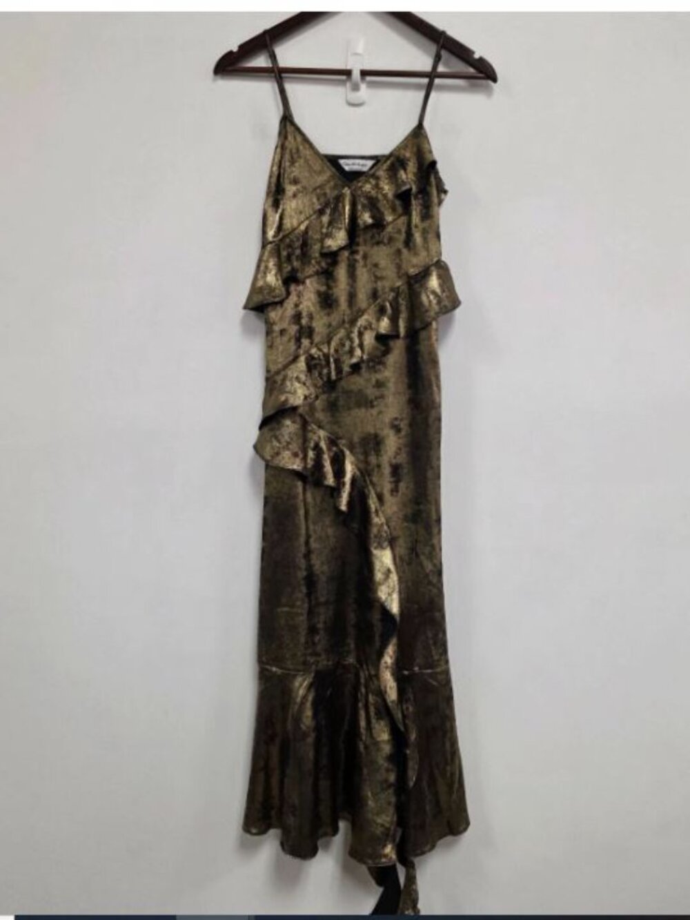 Vintage Y2K Asymmetrical Maxi Slip Dress Small 4 Metallic Gold Ruffle Cocktail - Picture 2 of 9